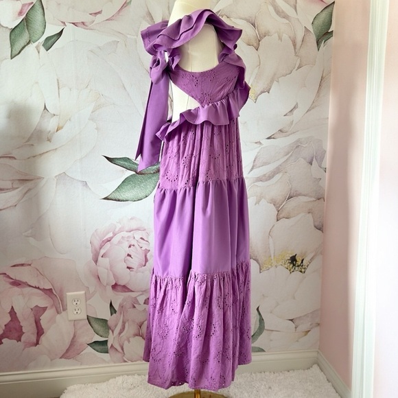 VICI Eyelet Tiered Ruffle Sleeve Women's Purple Maxi Dress Small - Picture 8 of 15